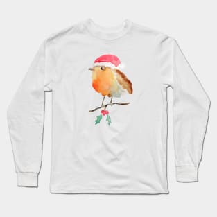 Robin Christmas bird watercolor Long Sleeve T-Shirt